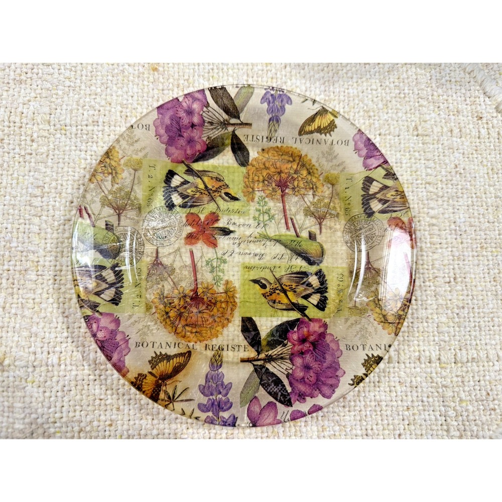 VTG Fused Art Glass Plate 50s Floral Birds  8 inch